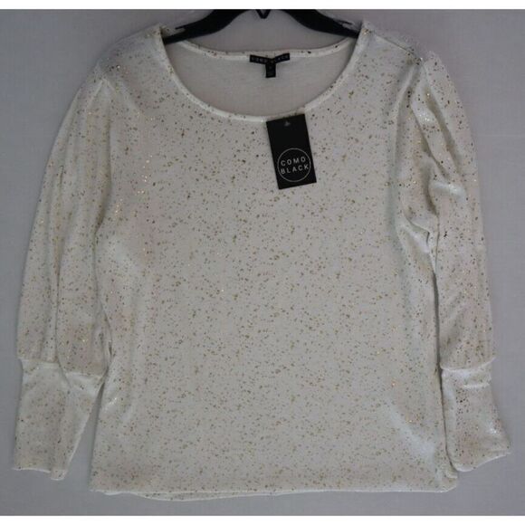 Como Black Women's Sz L Vanilla Ice Gold Speckled Long Sleeve Scoop Neck Top - Picture 5 of 5